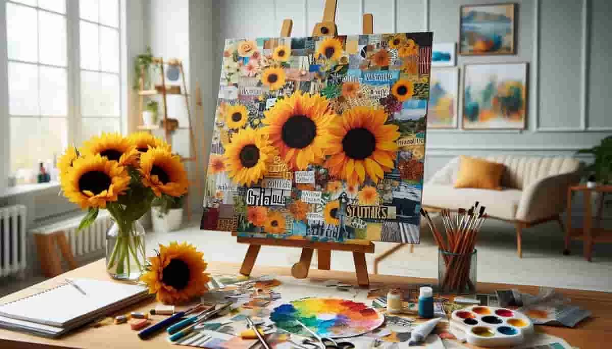 A beautiful vibrant, dynamic collage composed of magazine cutouts, photographs, and handwritten quotes, all woven together sits on an easel in a studio. There are sun flowers in a vase and on a table. Also on the table are paints, brushes, and palette. Creative activities like this are some of the artistic ways to express gratitude