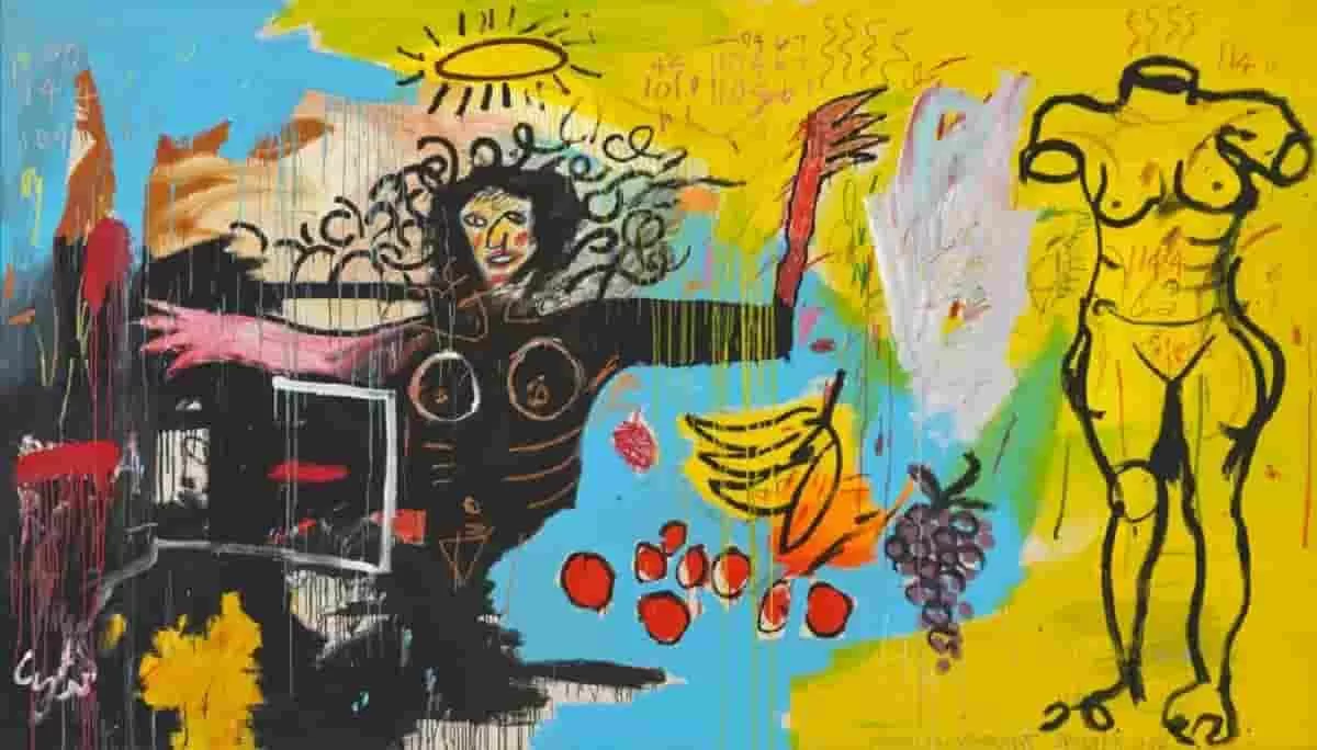 Untitled 1982 by Jean-Michel Basquiat is a coloful painting with images of women and fruits. The painting is in dialogue with Roaman Venus. It is okay to listen in on the conversation between Jean-Michel Basquiat and Roman Venus: