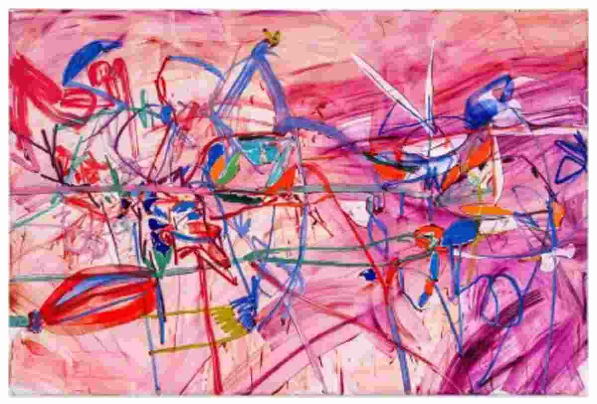 An abstract expressionist painting by Jadé Fadojutimi, the rising star of contemporary art. The acrylic, oil, and oil stick on canvas, measuring 200 by 300 cm, carries the artist's signature style. It flows with cascading and energetic combinations of pink, cobalt, orange, and green lines.