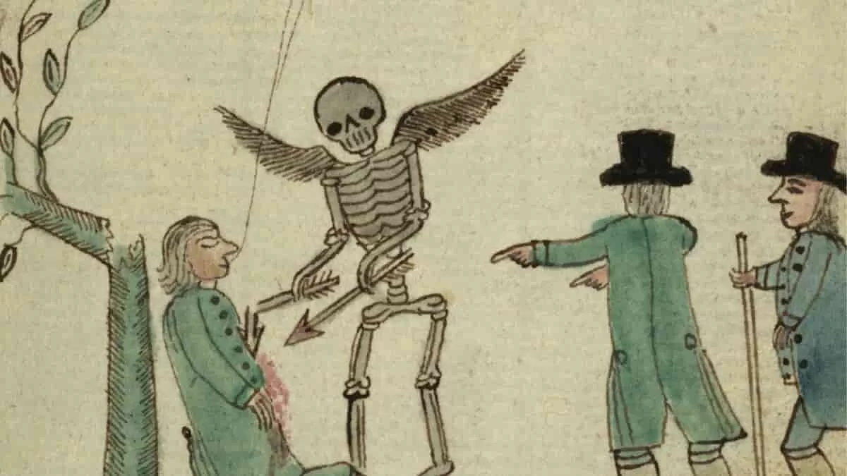 Death attacks a deaf man with fire and an arrow under the directives of a religious zealot. Toxic materials in-manuscript illuminations like this reveals dangers of ancient books