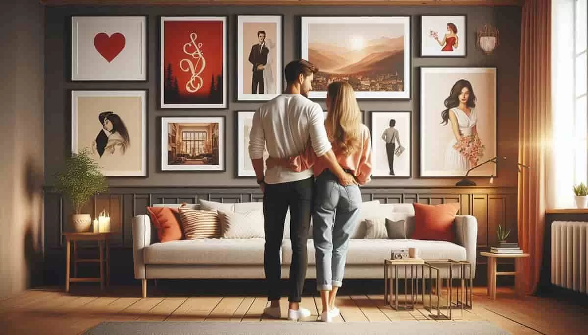 A couple is standing in their cozy living room, looking at their romantic art gallery wall displaying famous love artworks and custom couple portraits.There are numerous beautiful paintings on the wall.