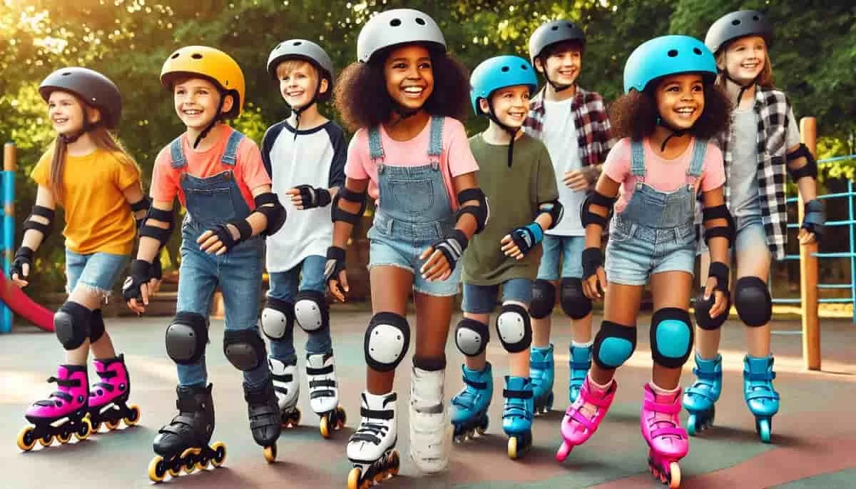 A group of children, all wearing helmets and pads, skating together in a park or roller rink, showing how to skate safely at a young age. It is important to follow roller skating safety tips