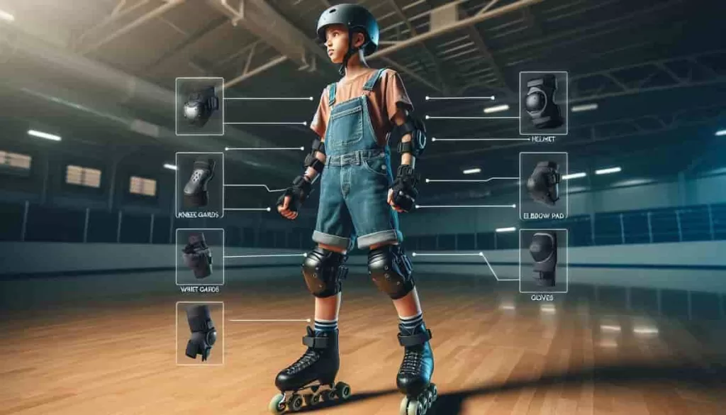 A beginner roller skater standing confidently, fully geared up with a helmet, knee pads, elbow pads, and wrist guards on a smooth indoor rink. It shows the importance of roller skating safety tips