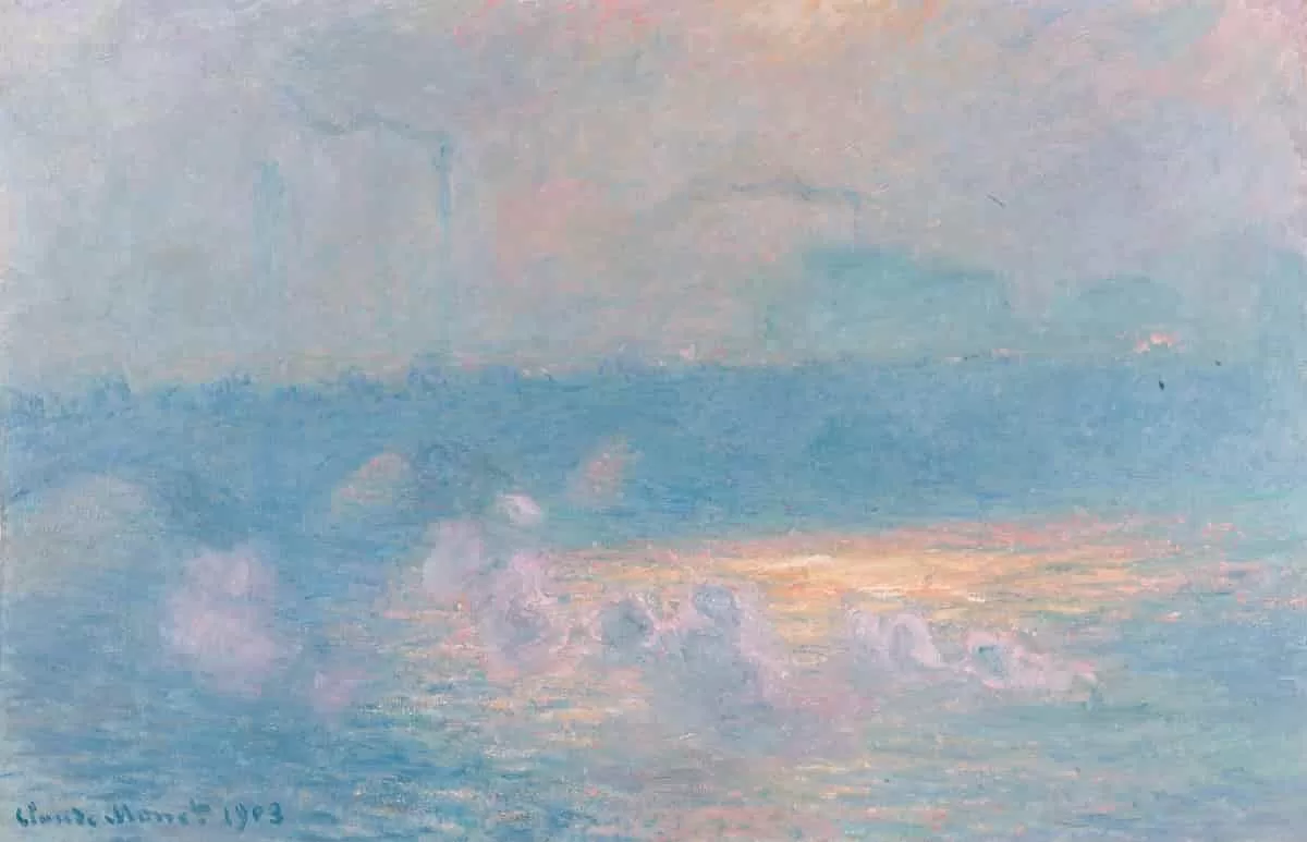 Waterloo Bridge, Sunlight Effect with Smoke is an Oil paint on canvas dominated by blue and grays by Claude Monet addresses the impact of air pollution in the collection of Environmental Art Exhibitions at the Baltimore Museum of Art