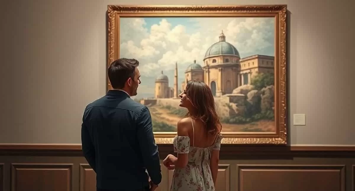 A couple having a romantic date at an art gallery admires a painting.