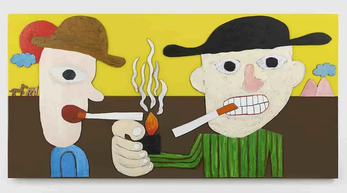Painting of two men smoking by Hadi Falapishi, in the Edge of the World, one of the art exhibitions at Blum Gallery Los Angeles