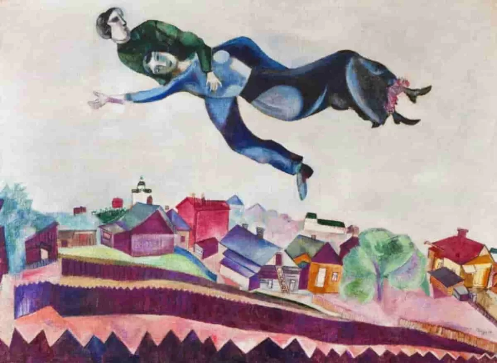 Marc Chagall's  Over the Town  showcases the artist's signature use of bold colors and fantastical elements, presenting a couple floating through the air in a passionate embrace. This is one of the best romantic art pieces to inspire your Valentine's Day 