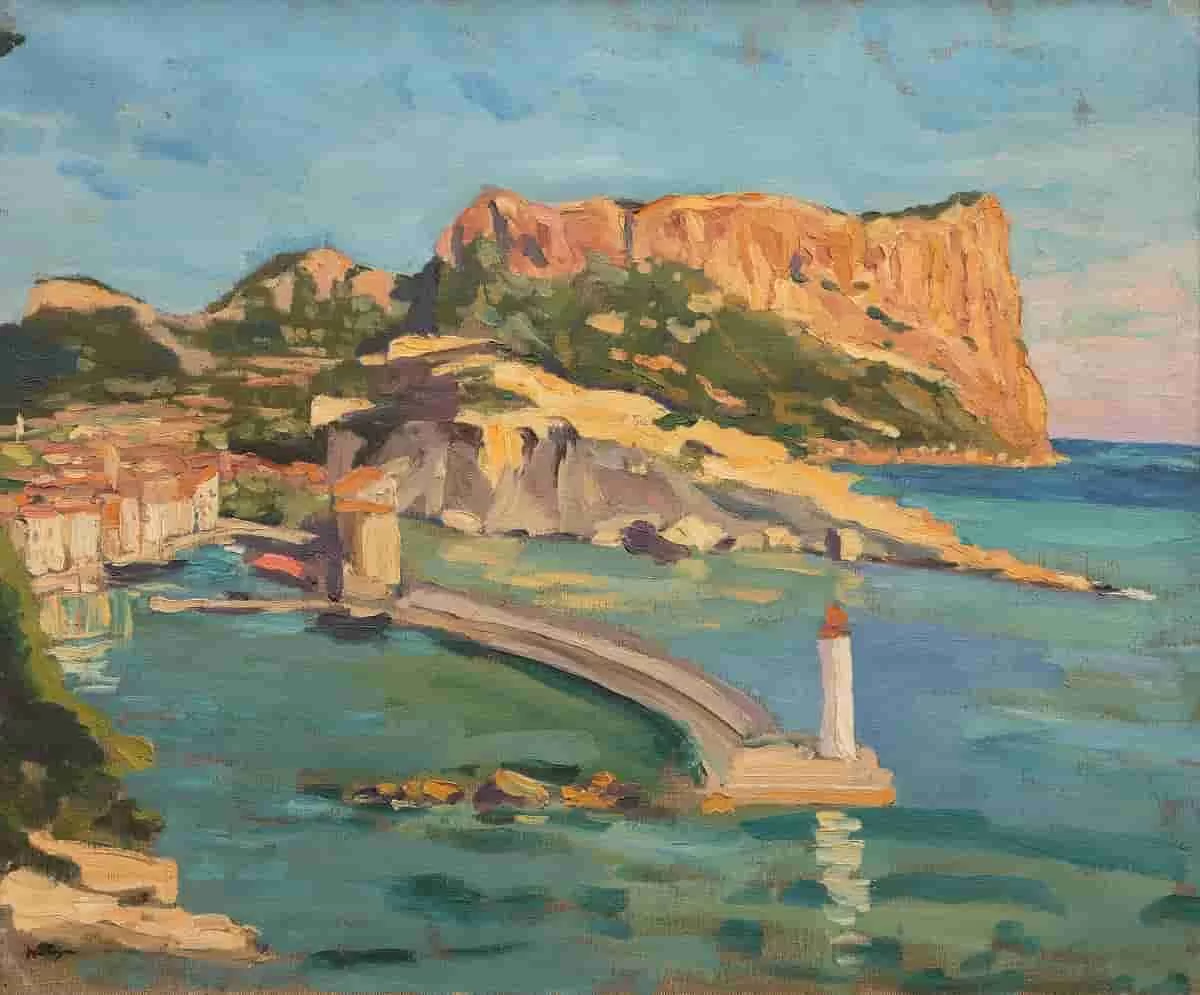 View Over Cassis Port is a beautiful oil on canvas seascape by Sir Winston Churchill. This one of the Heather James Fine Art sold in 2024