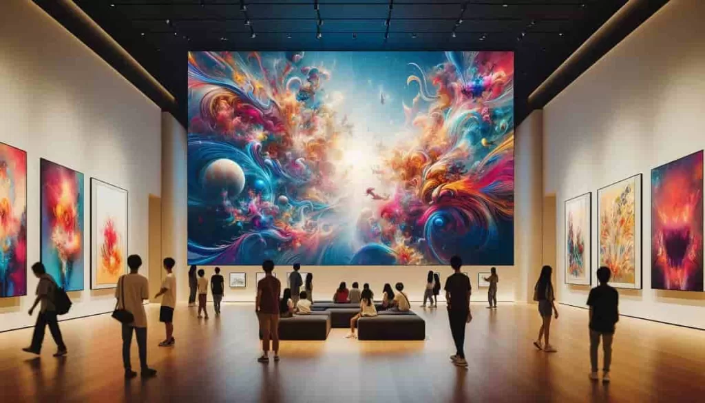 A modern art gallery showcasing digital art on large screens, with visitors observing vibrant digital artworks that blur the line between traditional and digital media