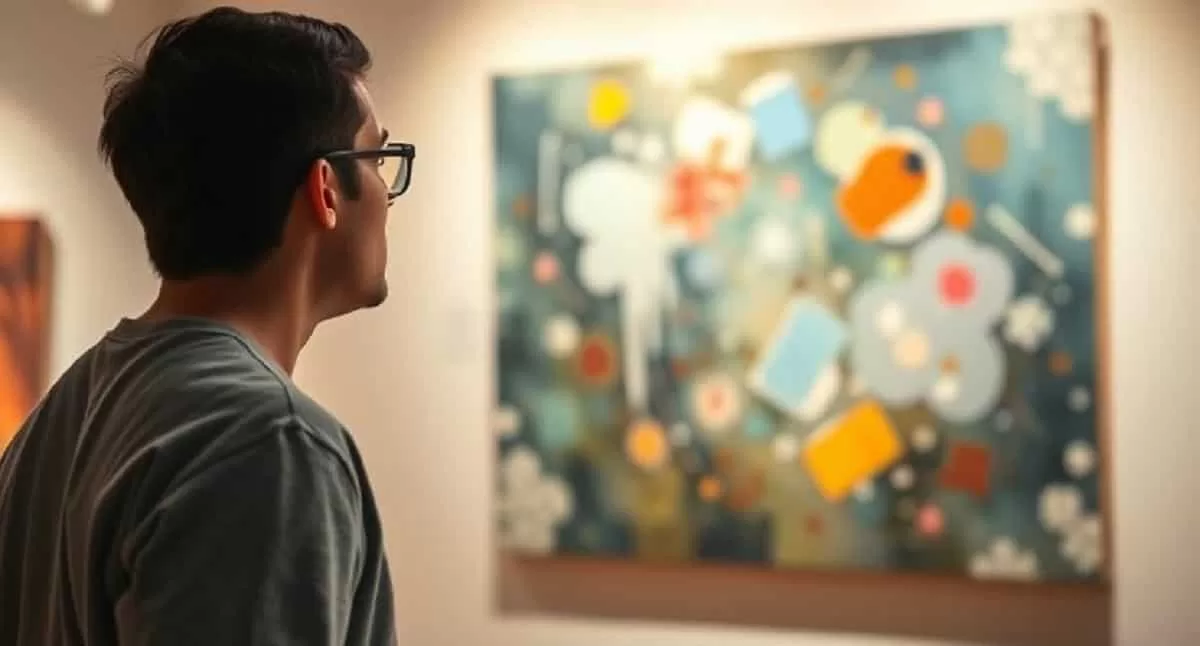 A person standing in an art gallery, mesmerized by an abstract painting is falling in love with art.