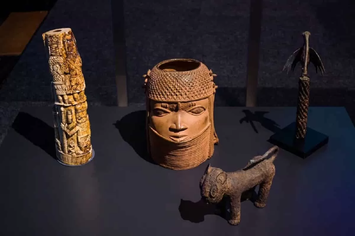 Benin Bronzes repatriation collection include A group of Benin Bronzes on display in the Wereldmuseum