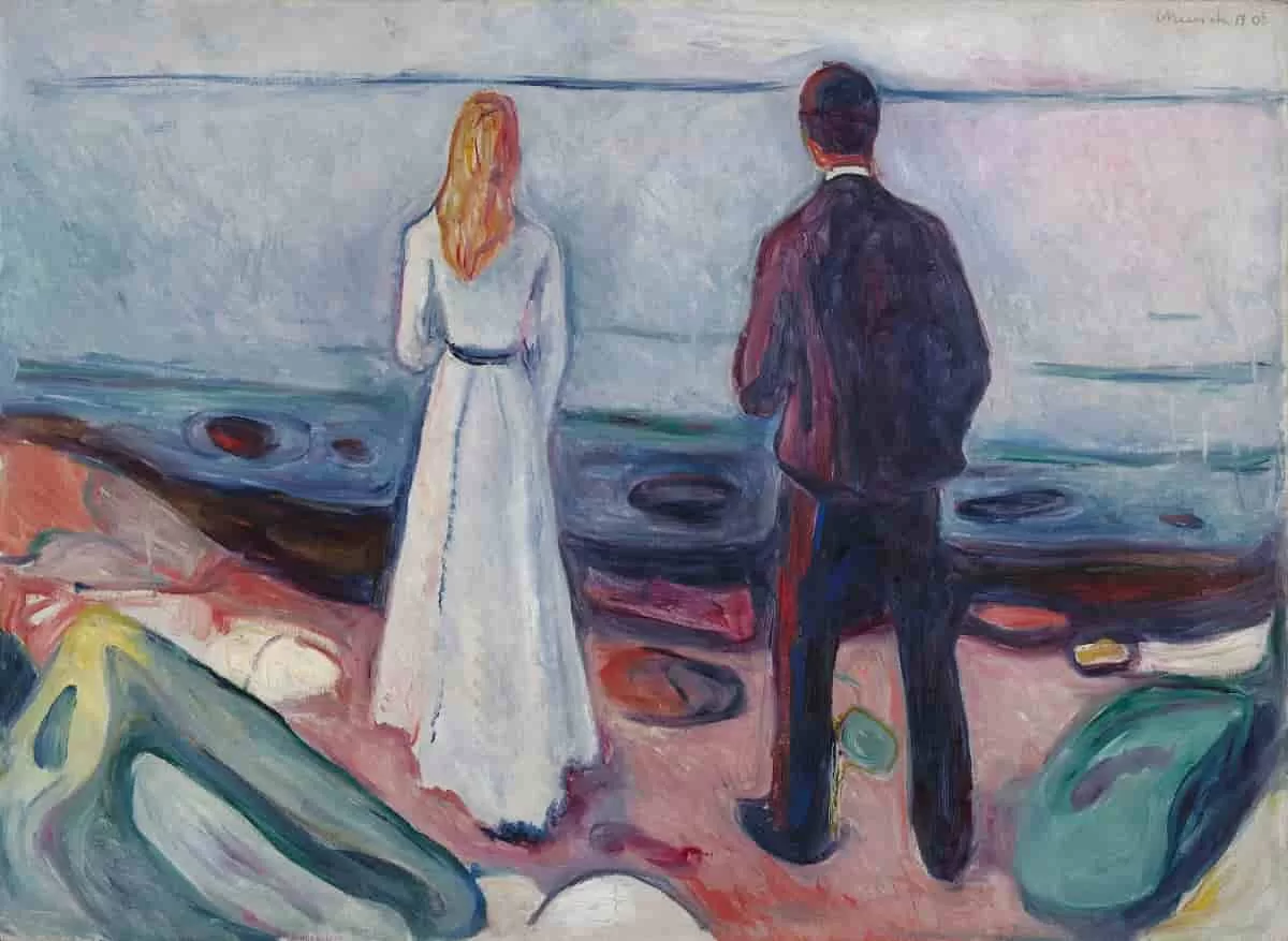 Edvard Munch Two Human Beings, The Lonely Ones shows a man wearing a black suit and a woman wearing a long white gown looking into the distance. This is one of the works in Harvard Art Museums.