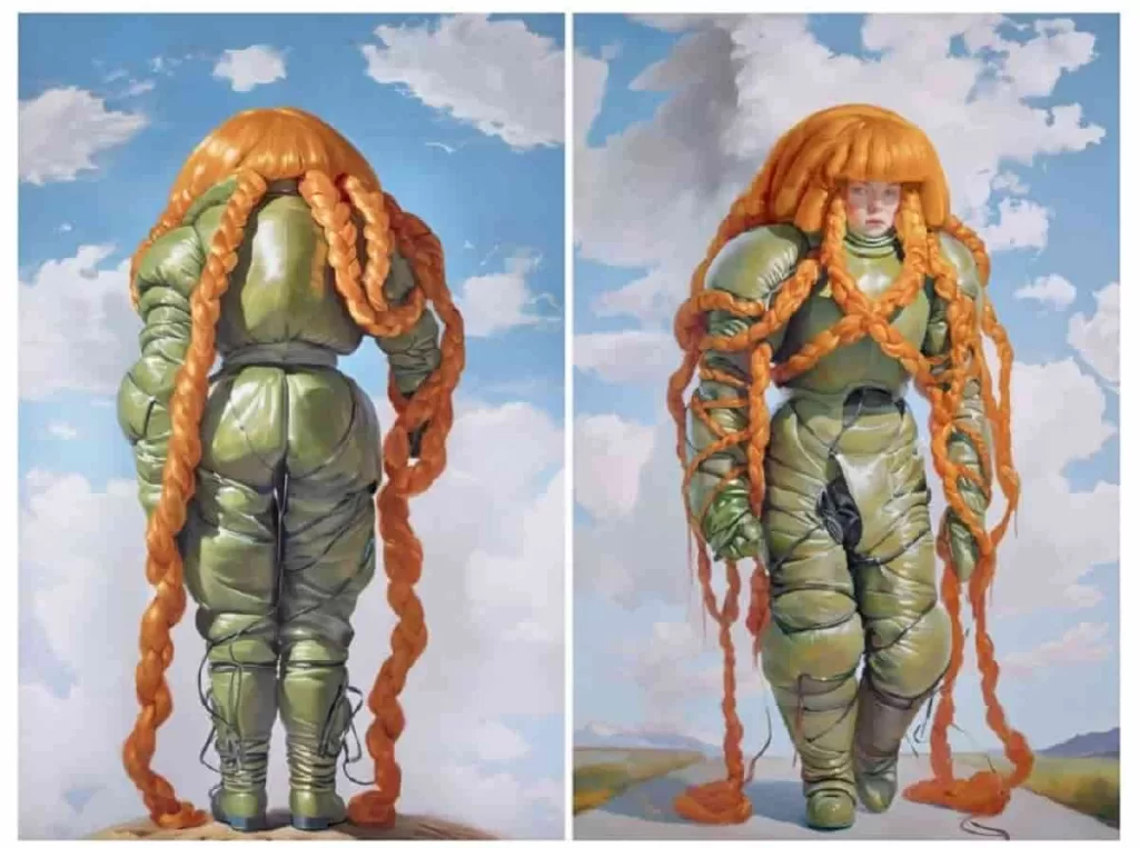 Holly Herndon & Mat Dryhurst, Embedding Study 1 & 2 (from the xhairymutantx series) show the front and back of a figure wearing a green puffed suit and long orange hair. She appears to be walking down a street with a cumulus cloud behind her. This Artificial Intelligence Art will feature prominently in Christie's AI art auction