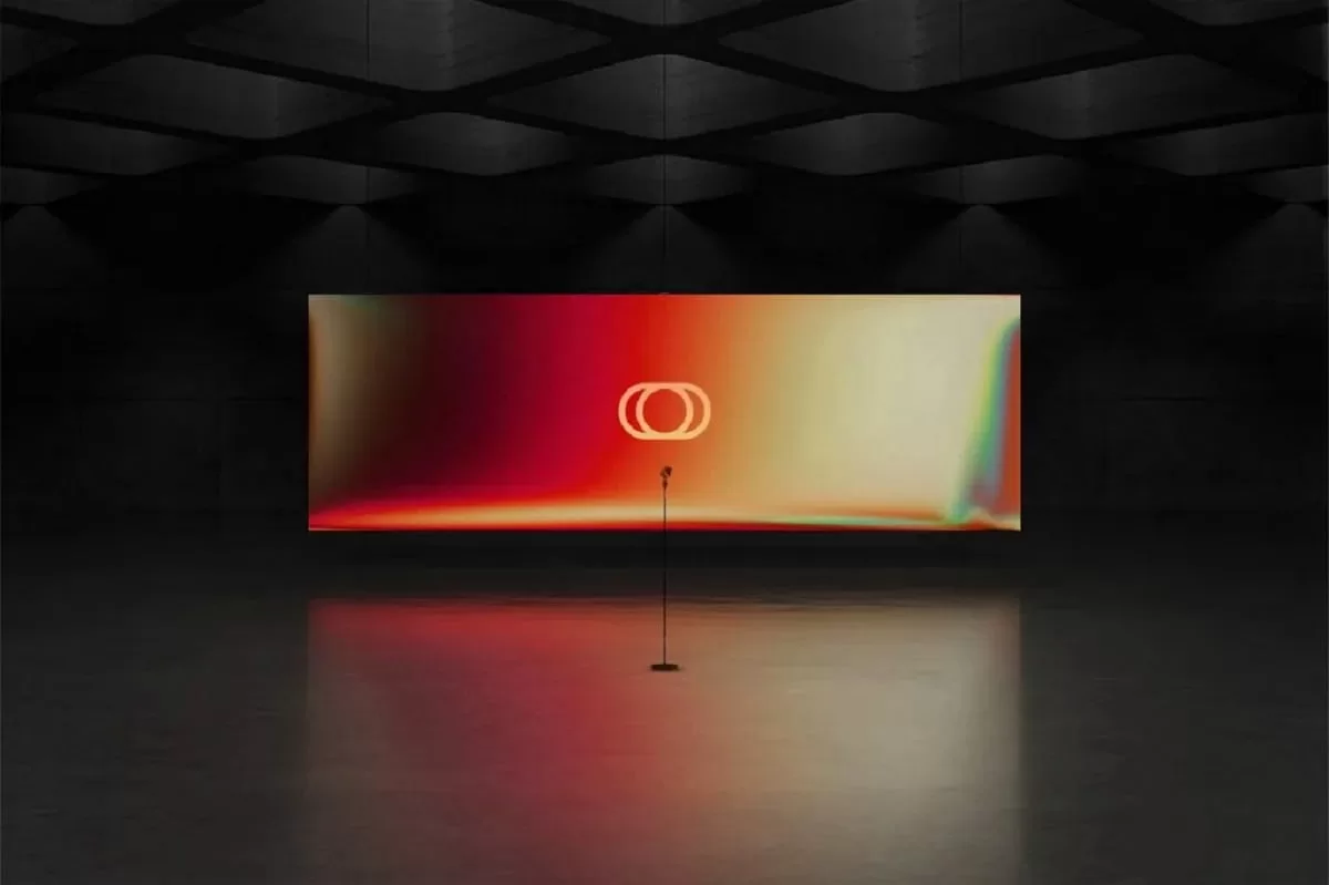A glowing AI transition from dark to light. In the center is a logo and a microphone. This Artificial Intelligence Art will feature prominently in Christie's AI art auction
