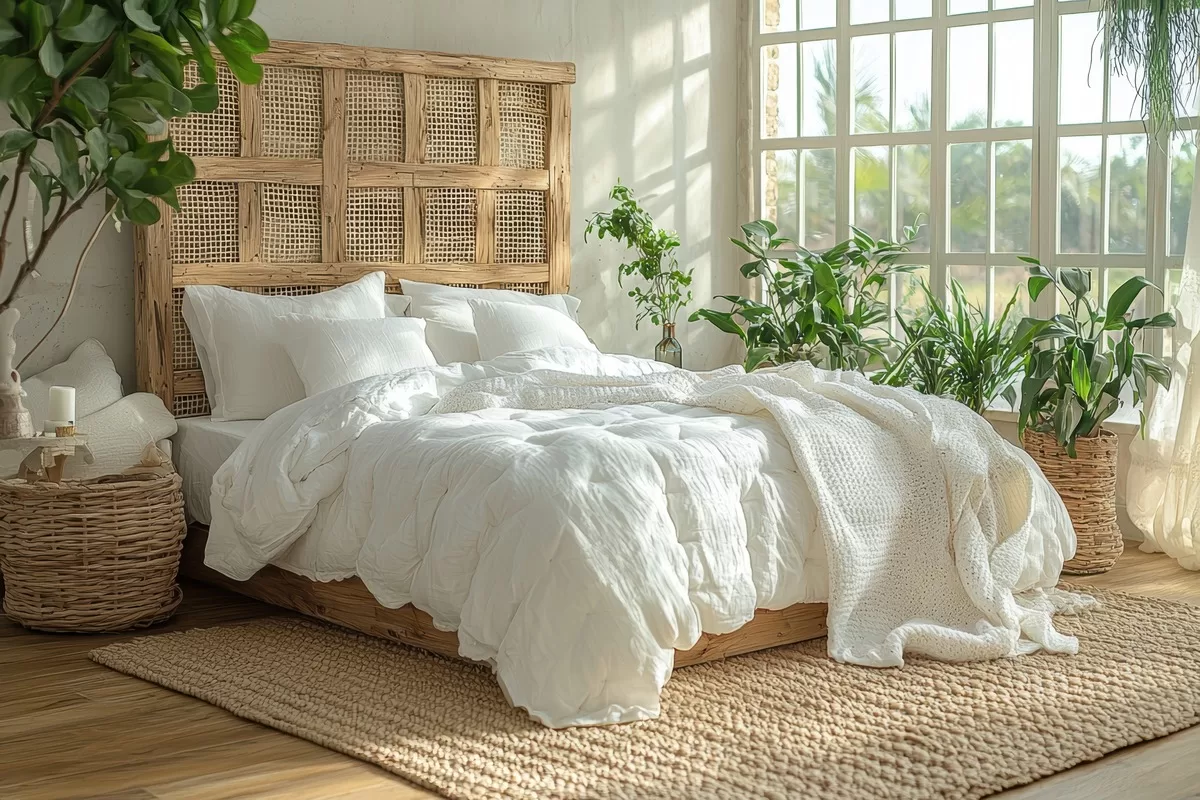A bed with a white comforter and a wood and wicker bedframe. Natural light illuminates the entire room. This is an example of designing the perfect bedroom retreat that cozy and inviting.