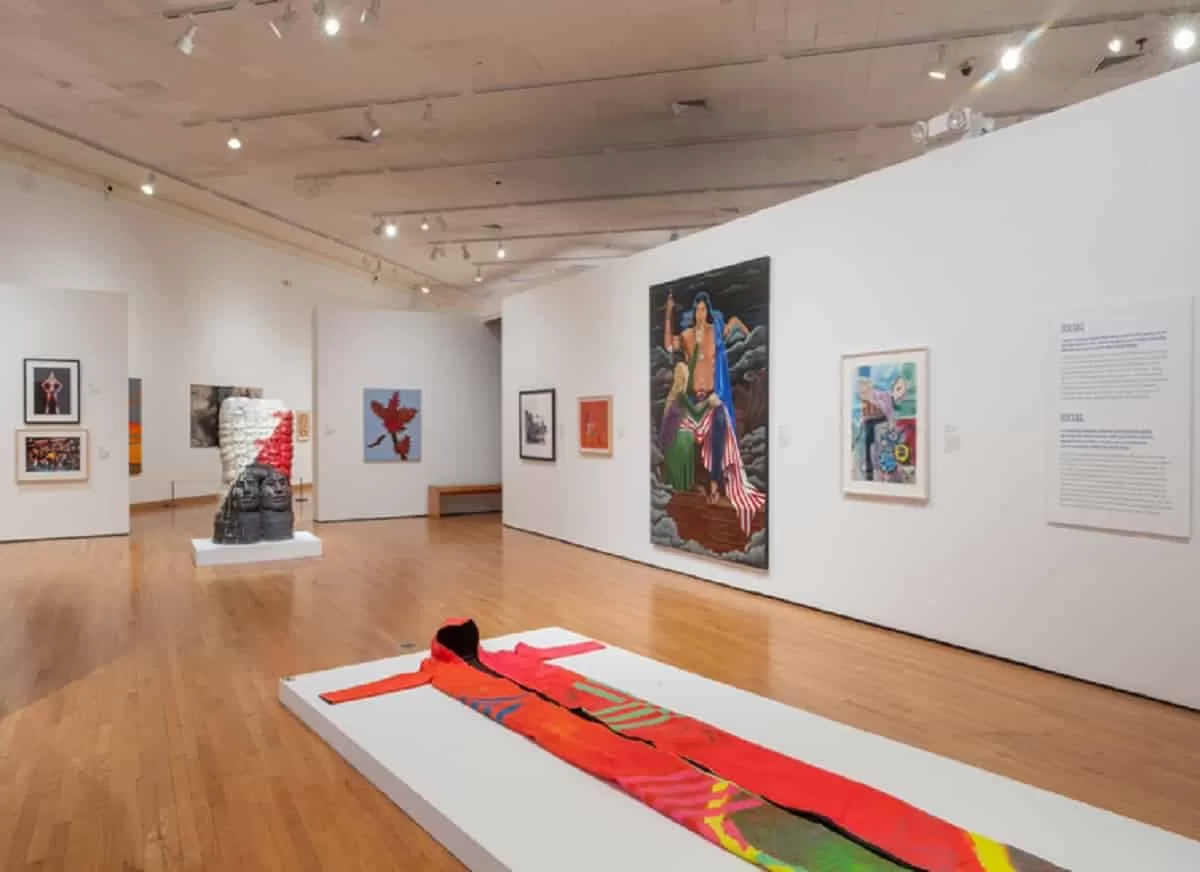 Installation view of Indigenous Identities: Here, Now & Always at the Zimmerli Art Museum shows some of the works in the show.