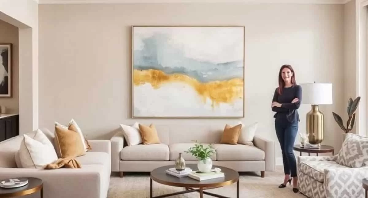 A cozy modern living room with neutral tones, featuring a large abstract painting as the focal point. The artwork blends soft blues, warm golds, and whites, complementing the room’s decor. A design expert stands beside the painting, explaining how to choose art that enhances a space. This show how to choose the perfect artwork