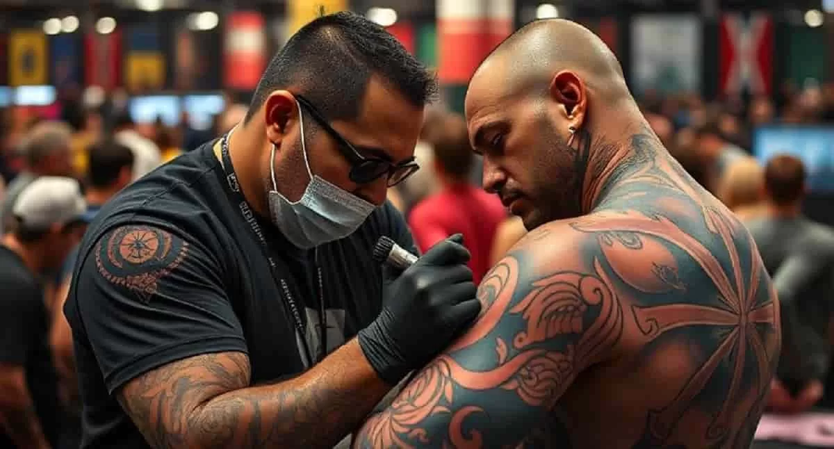 A highly detailed and dynamic tattoo design showcasing a tattoo artist working on a client, their skill evident in the intricacy of the tattoo, with vibrant colors and shading. It addresses the question Why Are Tattoos So Popular