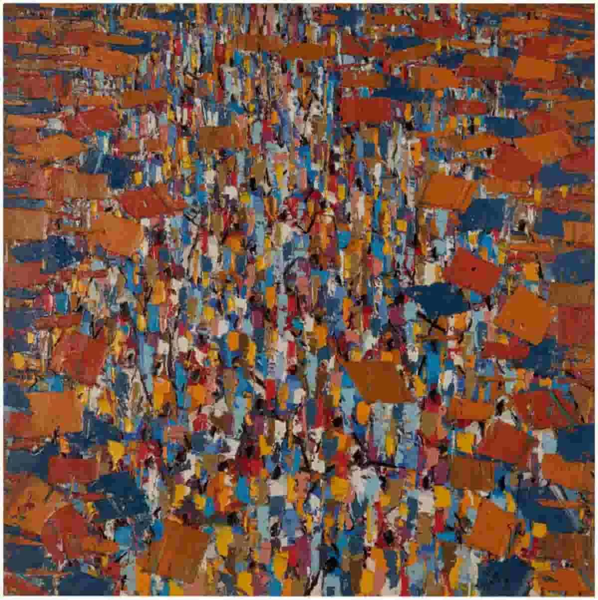 A colorful abstract market scene by Ghanaian artist Ablade Glover is one of the works in Afropolitan: Contemporary African Arts at NOMA