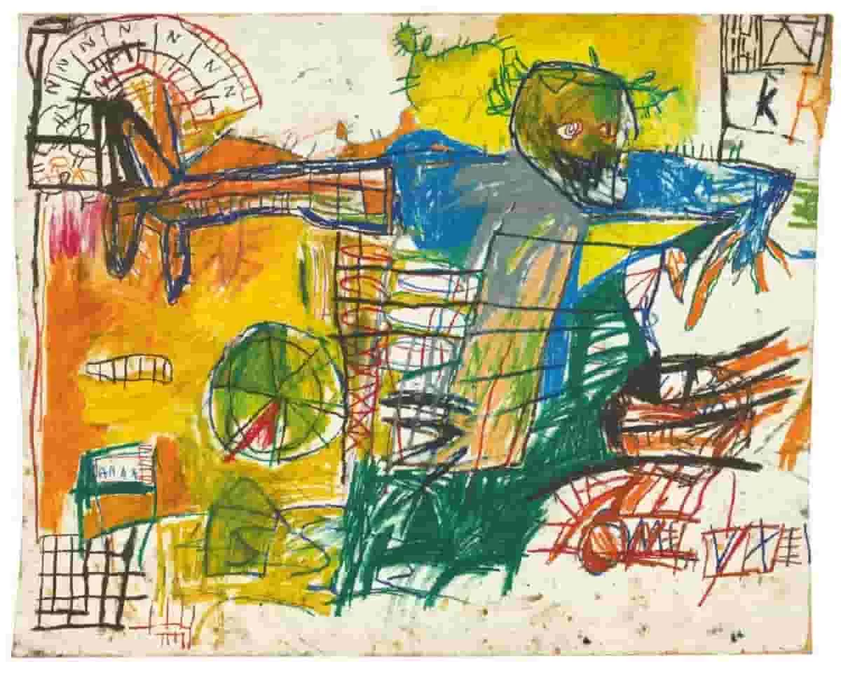 Untitled (1981), a bright abstract painting with line, designs, and writing in oilstick on paper by Jean-Michel Basquiat 1960 -1988, led strong results for Main Evening Contemporary Art Auction