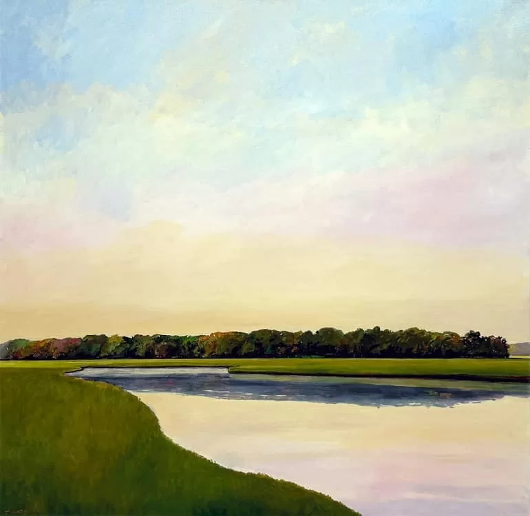 A beautiful oil on canvas contemporary landscape art titled Autumn Marsh (Marsh at Dusk) by artist Jon Macadam 