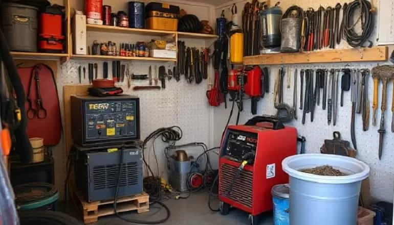 A small home garage with a compact MIG welder and organized tool setup in preparations for creative welding projects