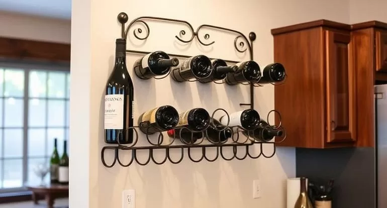 A stylish, handmade metal wine rack mounted on a kitchen wall is one of the creative welding projects you can do. 