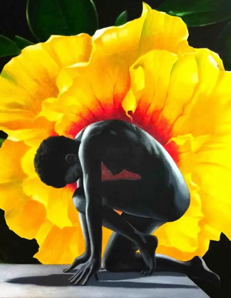 Uche Edochie, Hard to Kill: Ancestral Shields, 2023 has a silhouette figure of a woman in front of a yellow marigold flower. This one the major work in Uche Edochie's philosophical art exhibition.