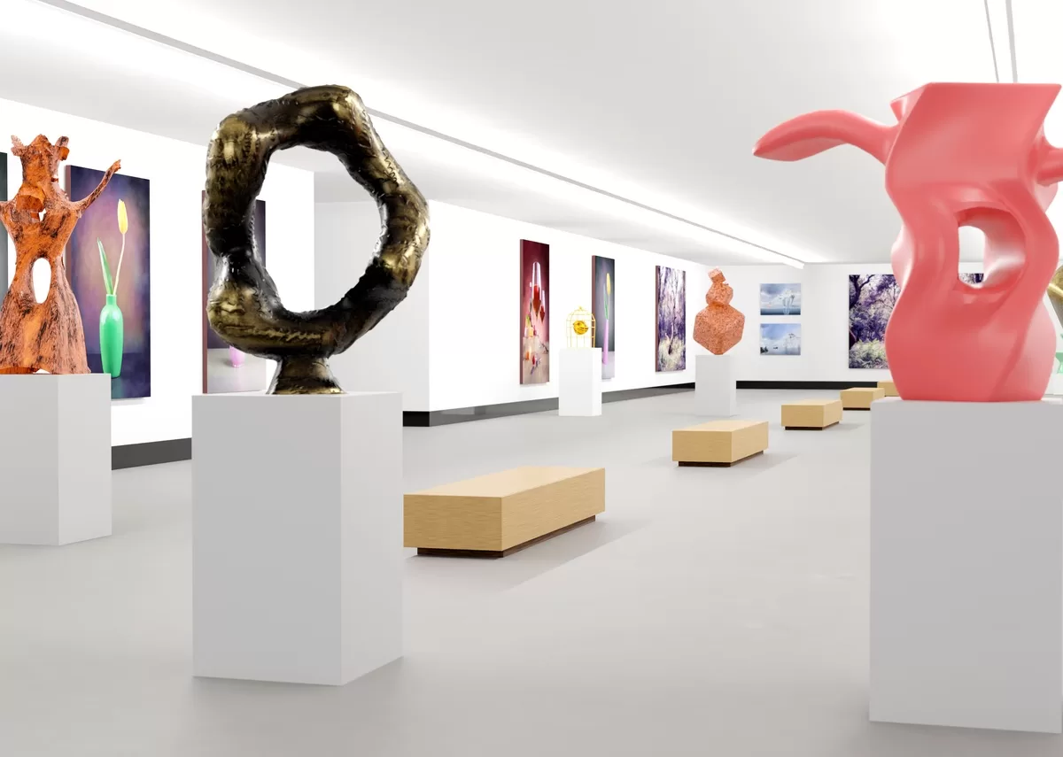 An art gallery with podiums for sculptures, benches for sitting, and framed artwork on the walls. After the show and opening party, there is a need for dumpster rental