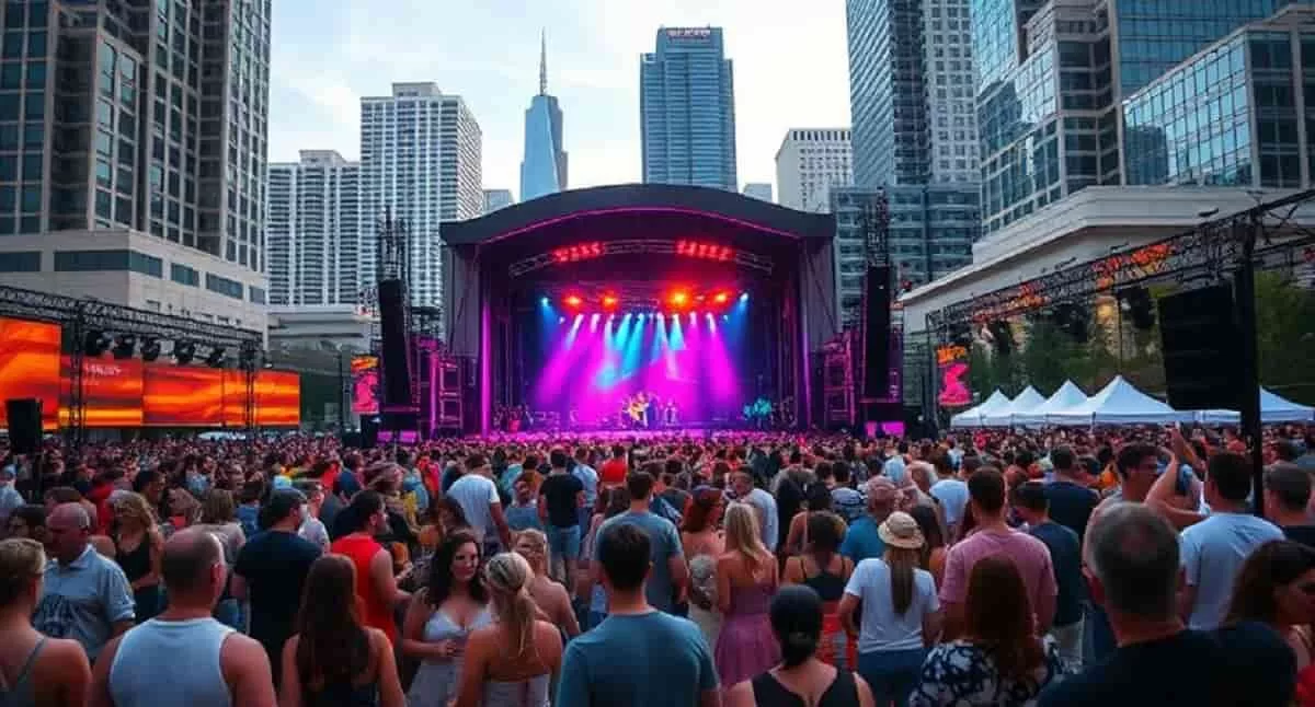 A vibrant summer music festival in downtown Chicago with crowds dancing in front of a large stage. These Chicago Festival Safety Tips will keep you safe