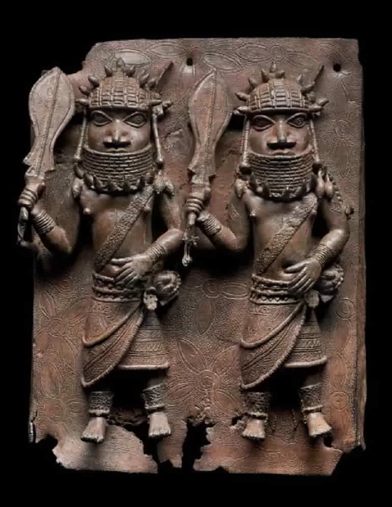 Benin Relief plaque showing two officials with raised-swords