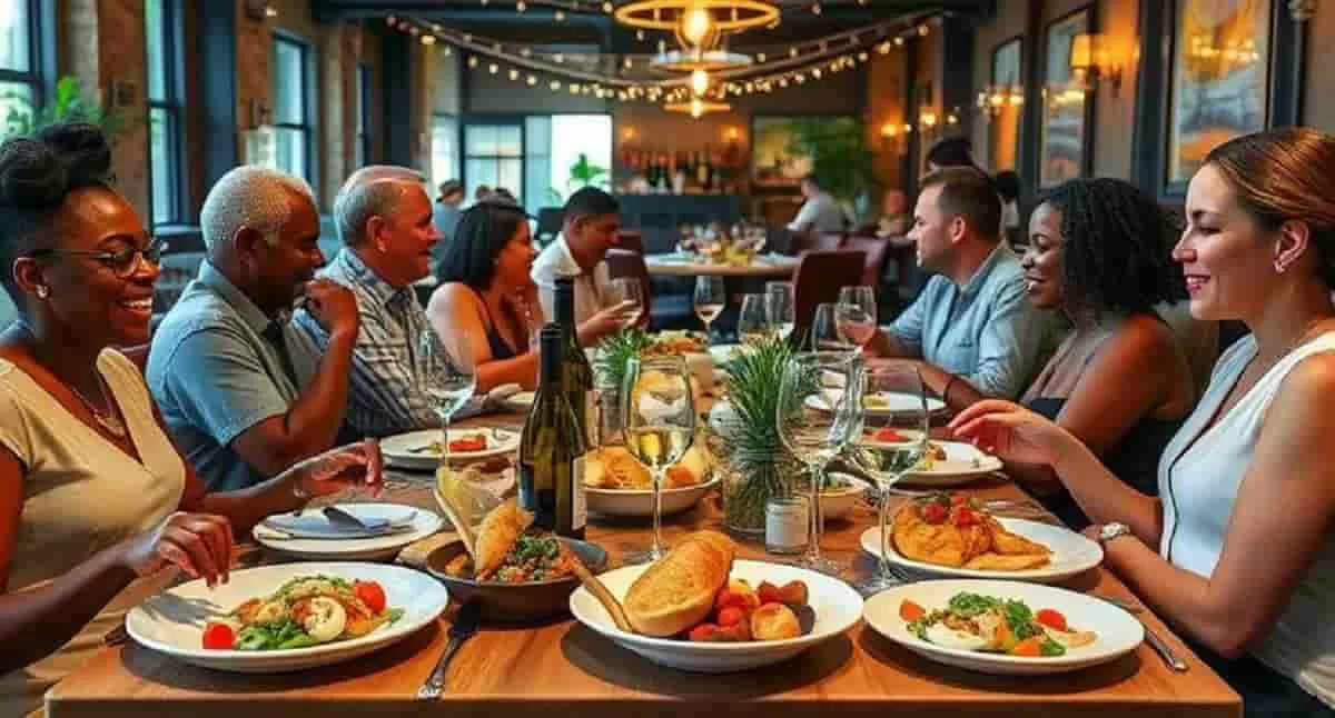 An inviting table set with colorful gourmet dishes, fresh seafood, artisan breads, and premium wine. Diners enjoy animated conversation and laughter under string lights in a cozy, stylish restaurant during the Baltimore Summer Restaurant Week.
