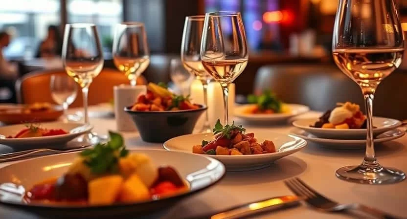 A close-up, well-lit shot of an elegantly set restaurant table featuring gourmet dishes, fine wine, and crystal wine glasses, with warm ambient lighting capturing the vibrant atmosphere of Baltimore Summer Restaurant Week