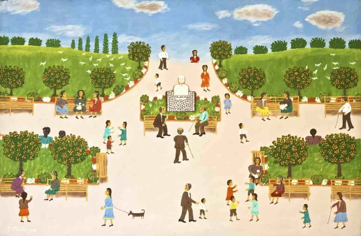 Giorgos Rigas' At The Park, 1989, is an oil on linen painting. It features many people having fun at a park. This is one of the works in the 'SUMMER 25' group show, a landmark Baltimore art exhibition.