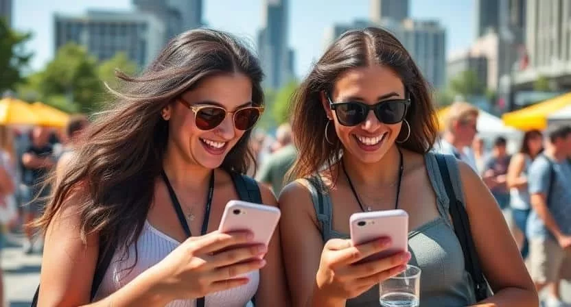 Happy festivalgoers checking a mobile app. This is an important festival safety tip fo for Chicago Events