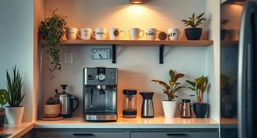 Modern home coffee corner setup with an espresso machine, shelves with mugs, plants, and warm ambient lighting in a cozy kitchen corner