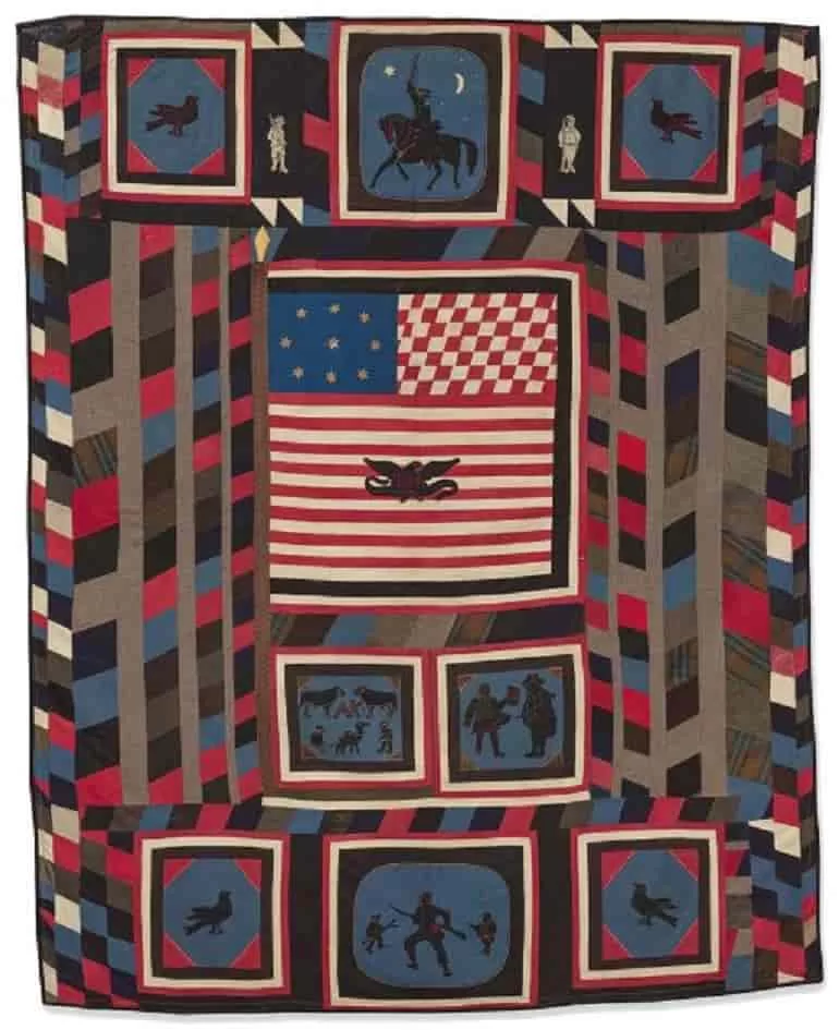 Civil War Zouave Quilt from 1863–64 by an Unidentified artist is made from Wool plain weave and twill, cotton plain weave and other structures, leather; pieced, appliqued, and embroidered with silk. It is one the works in Fabric of a Nation: American Quilt Stories exhibition giving visibility to the unknown artists