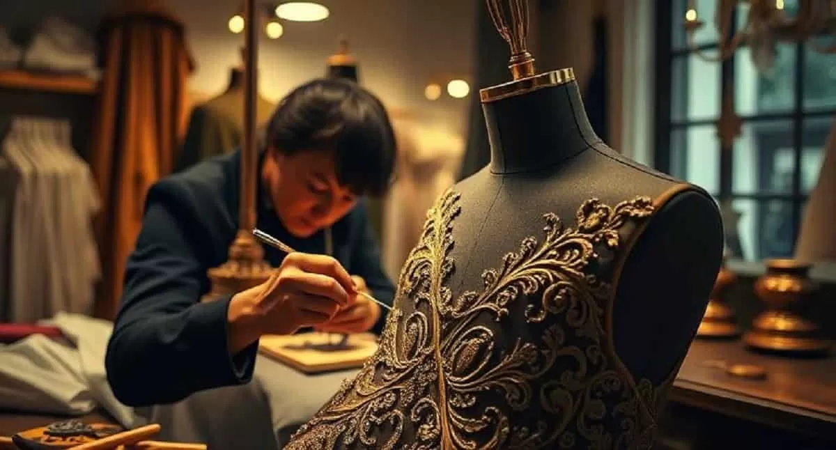 A skilled artisan hand-weaving fabric on a traditional loom in a sunlit studio, surrounded by natural fibers, threads, and handmade tools. Her skills and attention to details is at the core of the question, Is Handcrafted Fashion Elitist?