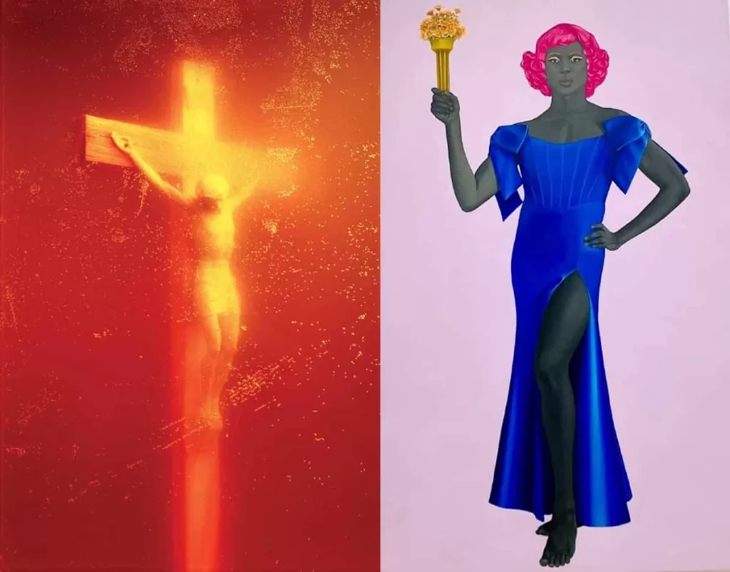 Analyze two controversial artworks: Serrano's Piss Christ and Sherald's Trans Forming Liberty