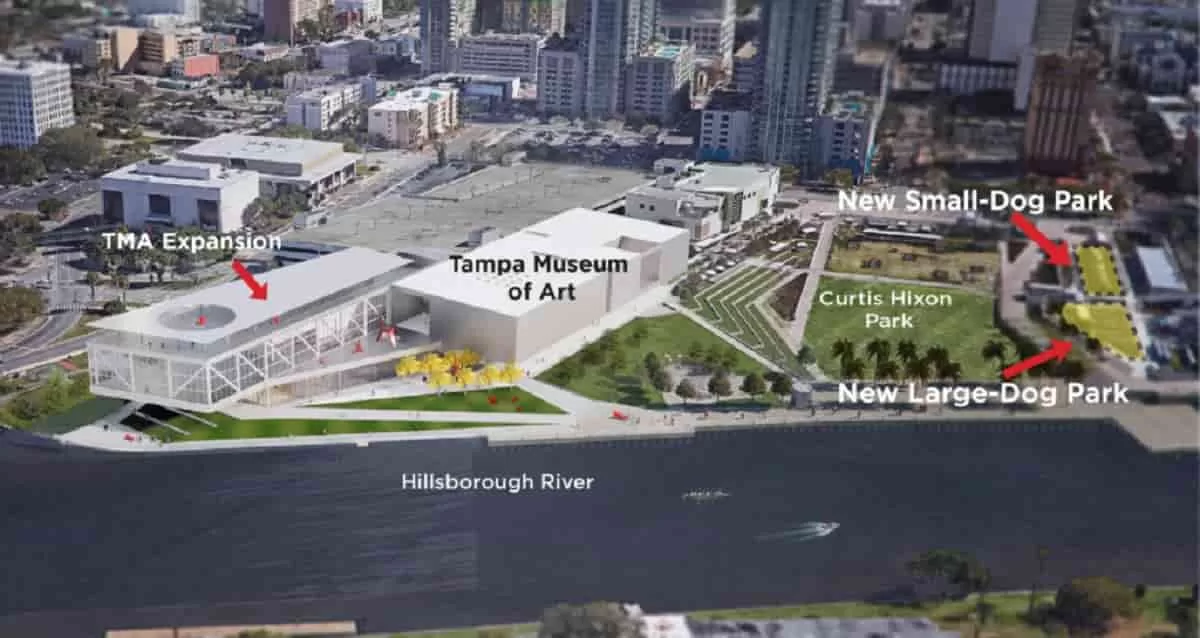 TMA Expansion Aerial Rendering with-Dog Parks. Design of the Tampa Museum of Art Centennial Expansion