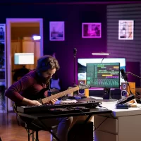 A man sits in his dimly lit home studio, playing the guitar. His computer screen displays a recording track. Archieing a perfect sound requires understanding acoustic design Secrets for home studio sound
