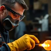 A professional glass blower wearing full protective gear including didymium safety glasses and heat-resistant gloves, working in a well-ventilated studio with molten glass on a rod. Glassblowing Safety: Simple Ways to Stay Safe is very important when creating glass art.