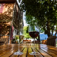 A close-up of two wine glasses sitting on a patio table. The table is outside a wine country home surrounded by trees.