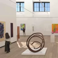 Rendition of Bonhams Steinway Hall Headquarters, New York with art and people looking at artworks