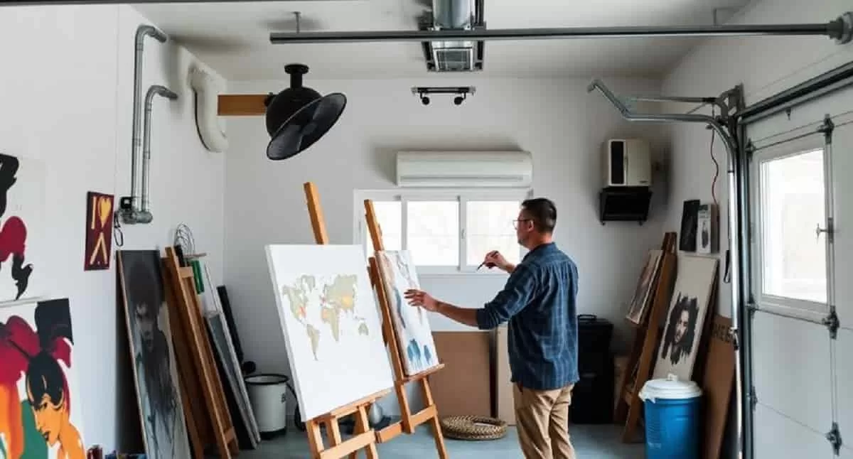 Male artist painting two canvases in a well-lit garage art studio with natural window light and organized workspace