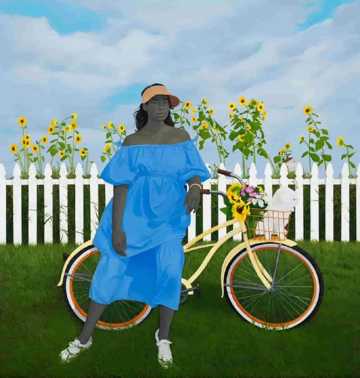 Oil painting titled "A Midsummer Afternoon Dream" (2021) by Amy Sherald. A Black woman with grayscale skin leans against a bicycle. She wears a vibrant blue dress, a straw hat, and white sneakers. The bicycle's basket is filled with colorful flowers, set against a white fence with cascading sunflowers. Part of the Amy Sherald: American Sublime collection.
