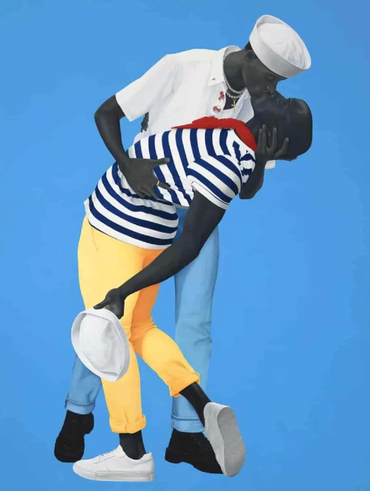 A monumental oil painting by Amy Sherald titled "For love, and for country," featuring two Black men in white naval uniforms embracing in a pose inspired by the iconic V-J Day photograph. The men have grayscale skin and are set against a flat, luminous blue background, emphasizing a sense of quiet dignity and intimacy. The painting is was in Amy Sherald: American Sublime
