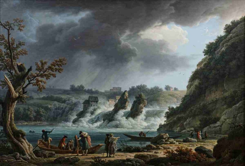 Claude-Joseph Vernet's Rhine Falls, near Schaffhausen, Switzerland (1779), featured in An Exquisite Eye, depicts Europe's largest waterfall beneath dark storm clouds as violent waters crash against rocks while figures in the foreground contemplate their next move.
