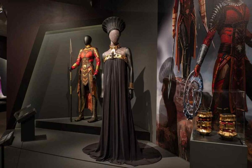 Douriean Fletcher Exhibition installation view at the Walters Art Museum featuring Black Panther costumes and jewelry from Jewelry of the Afrofuture.