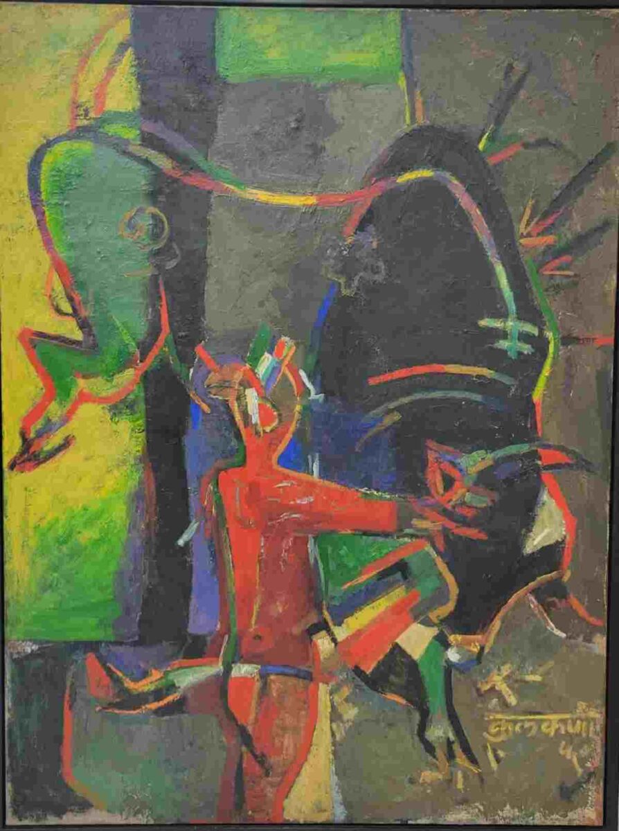 Baltimore Museum of Art acquisitions: Abstract painting titled Untitled by Indian painter and educator Krishna Shamrao Kulkarni featuring complementary and contrasting colors of red, green, gray, and black in a dynamic geometric composition.